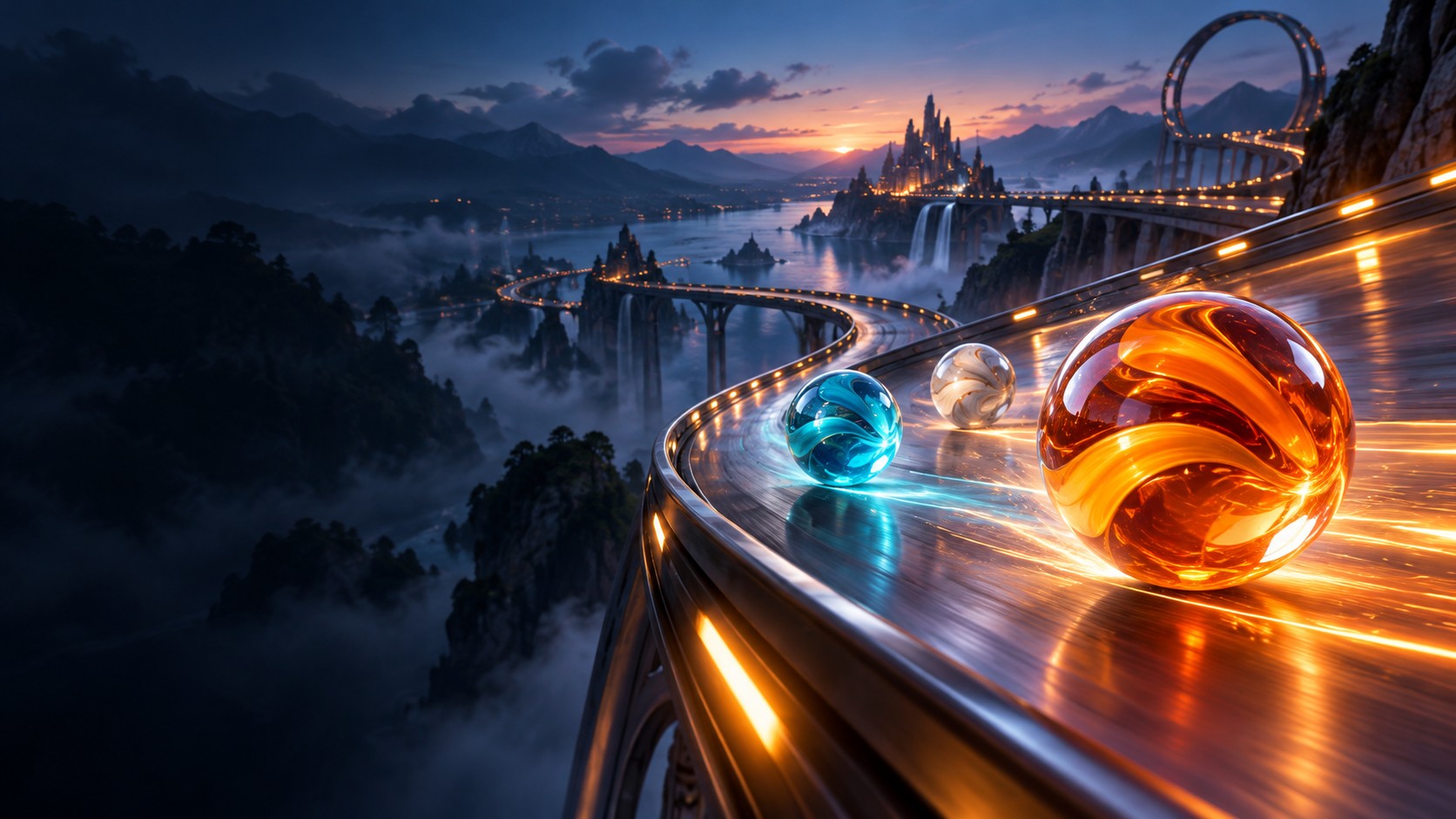 Original concept art of glass marbles racing around a dramatic elevated circuit at dusk