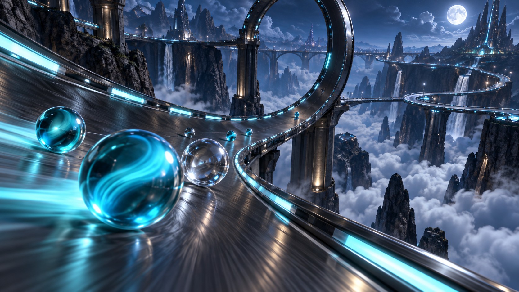 Concept art of cyan marbles on an illuminated loop circuit