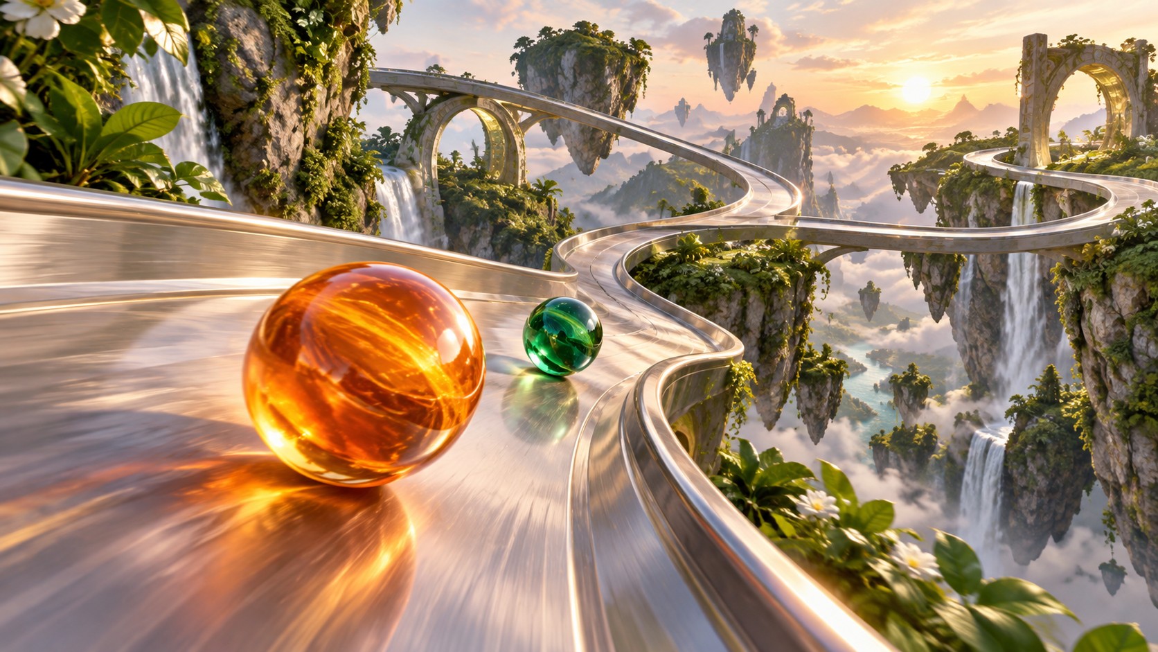 Concept art of orange and green marbles racing among floating gardens